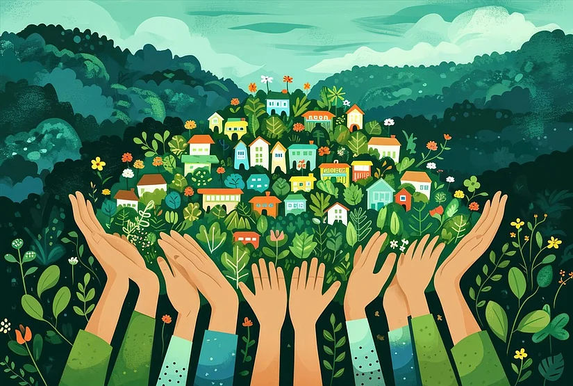 hands and houses art with lots of green